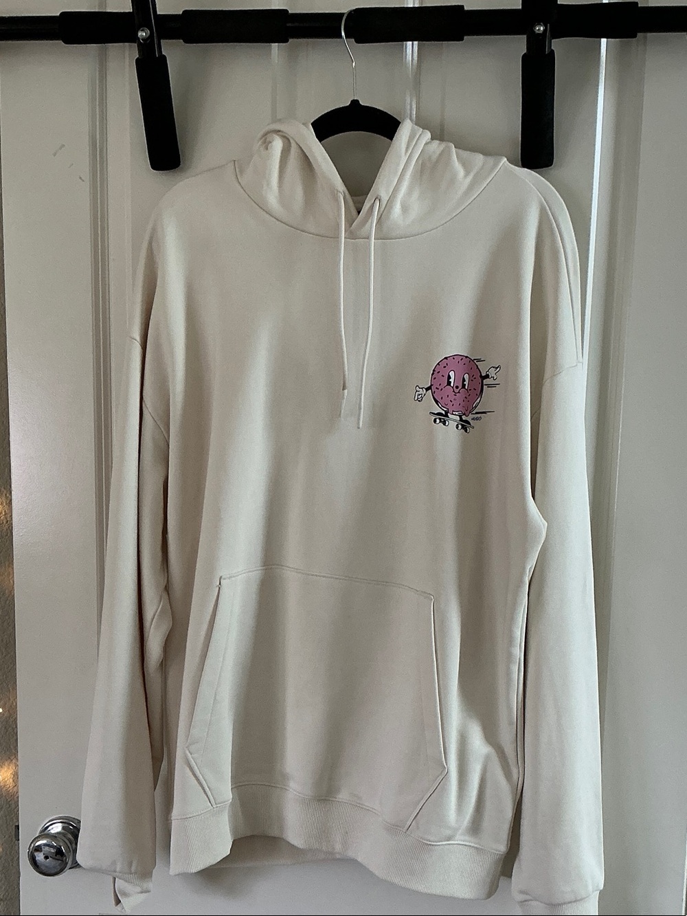 Cream Hoodie Sweatshirt with Pink Donut Graphic - Men